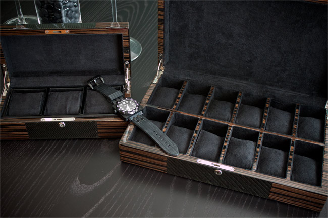 Carbon fiber and macassar watch cases