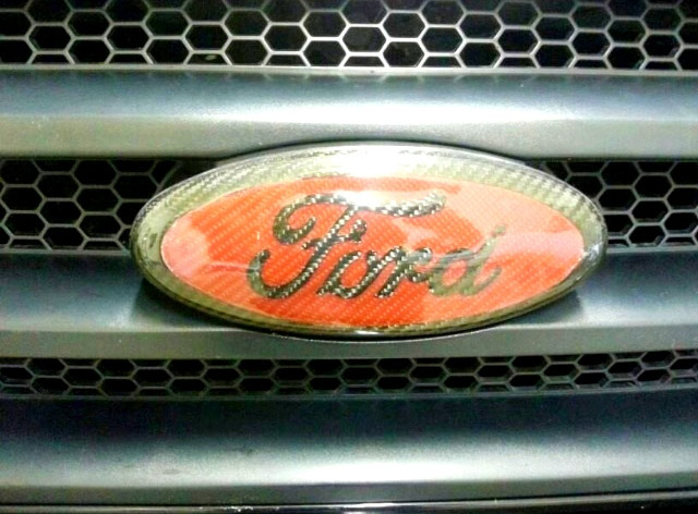 Carbon fiber Ford emblem on truck