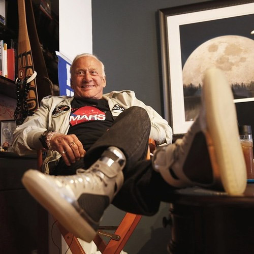 Buzz Aldrin wearing GE carbon fiber moon sneakers