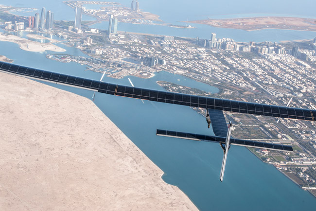 Solar Impulse 2 flying over Abu Dhabii